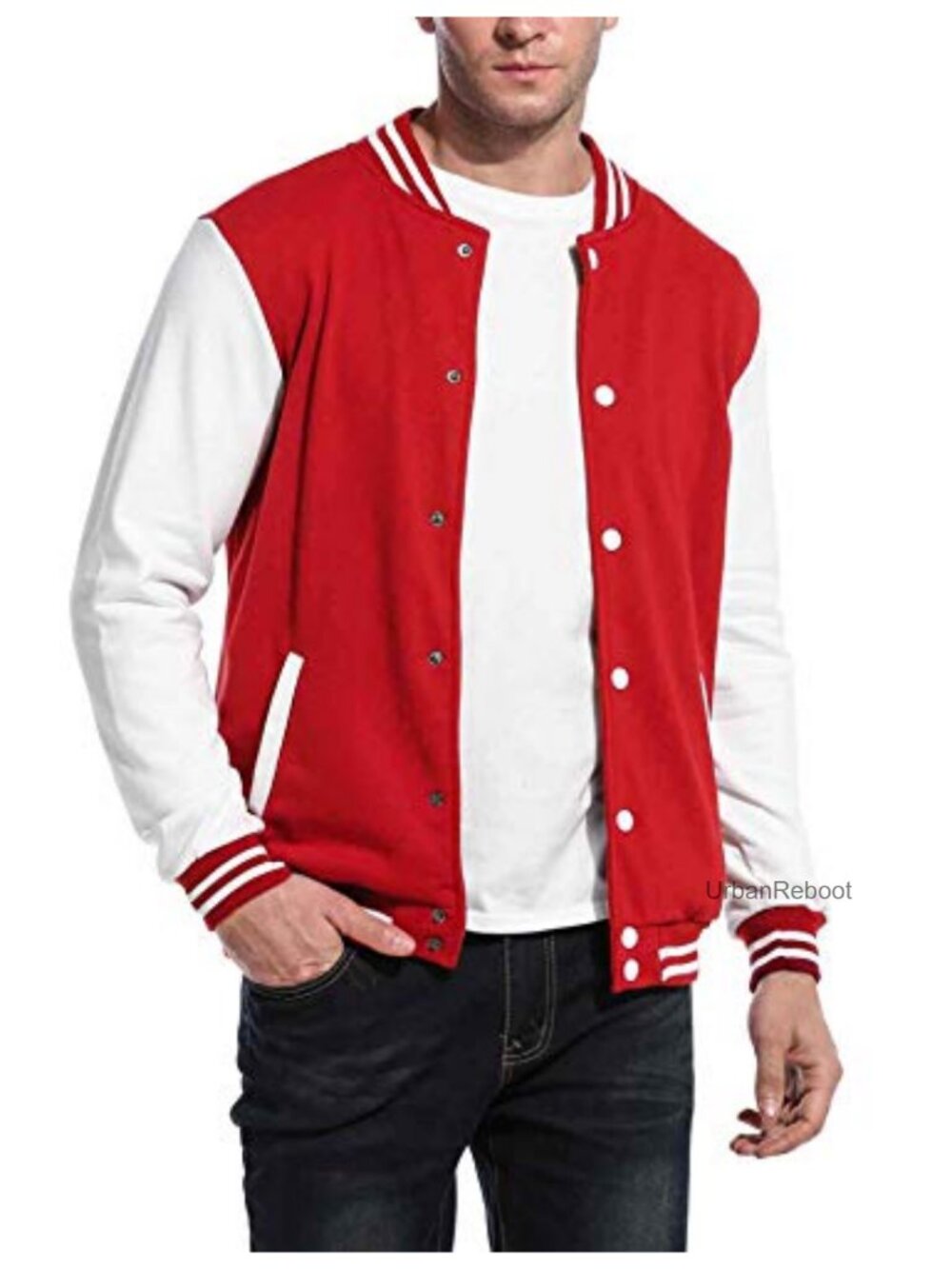 Slim Fit Cotton Varsity Jacket Snap Closure Rib Collar Cuff Hem